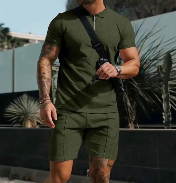 Men's Short Sleeve Shorts Casual Suit Summer Waffle Solid Color Casual Loose Lapels T-shirt Suit Men