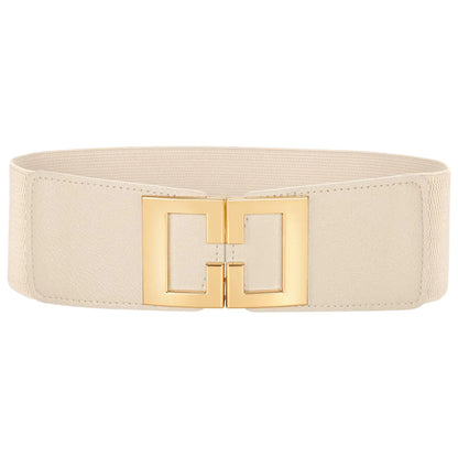 Wide Waist Belts for Women Dresses Vintage Elastic Belts Fashion Stretchy Belt with Gold Buckle (Beige)