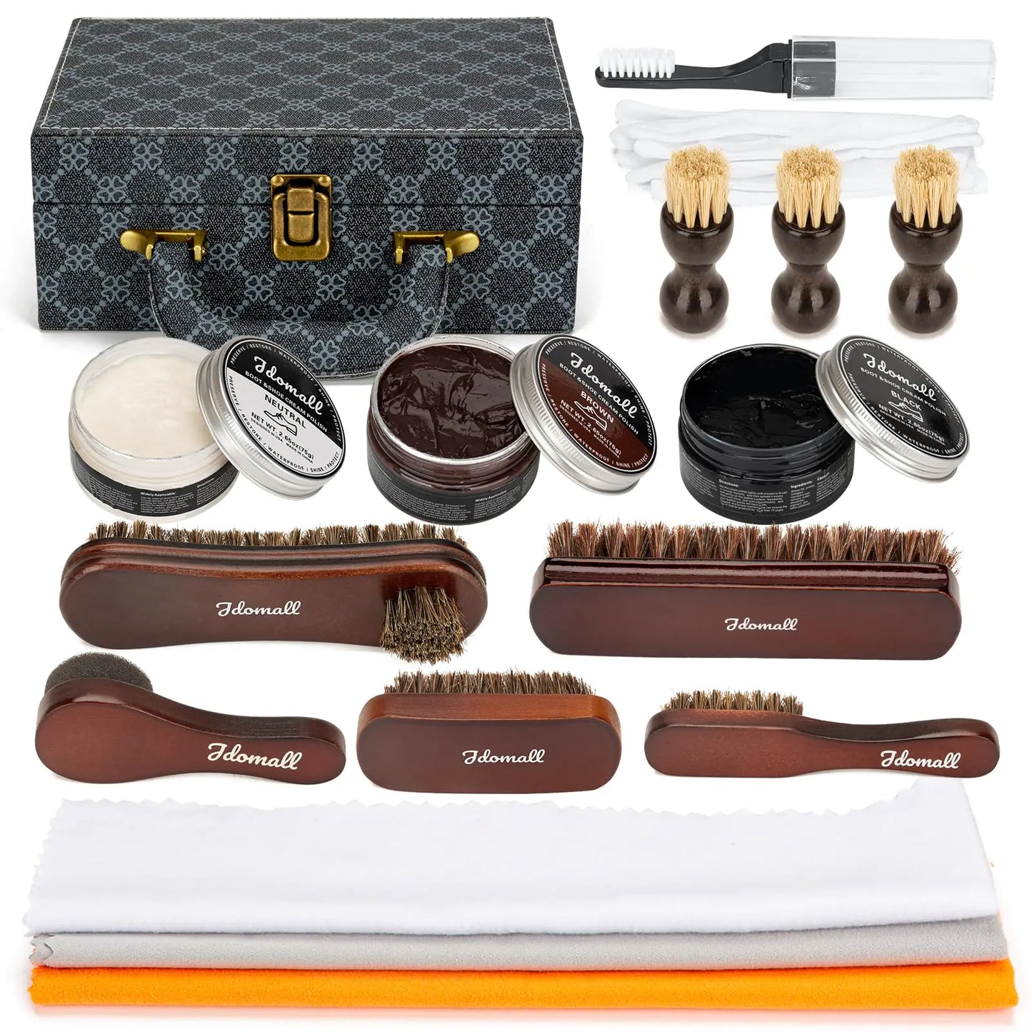 Jdomall Shoe Shine Kit Premium Deluxe Shoe Polish Kit - 2.65oz Black Brown & Neutral Shoe Polish with Brushes Buffing Cloth & More - Perfect Gift for Leather Shoes & Boots Care Kit