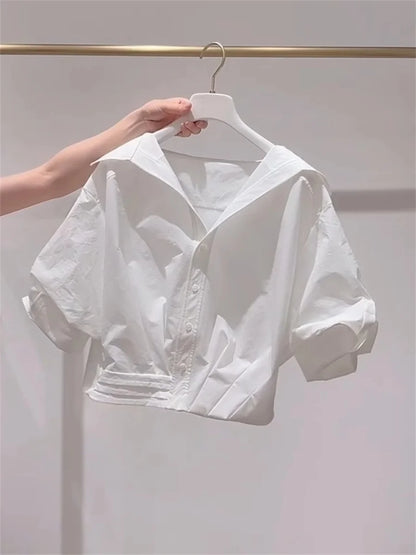 Blue White Lapel Bubble Sleeve Shirt Women's Casual Summer New Loose Fit Cropped Top Korean Version Elegant Female Clothing