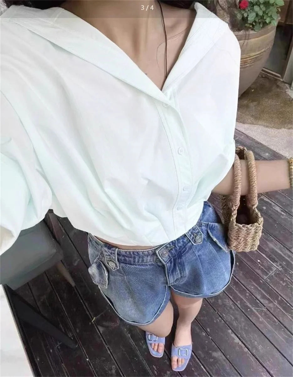 Blue White Lapel Bubble Sleeve Shirt Women's Casual Summer New Loose Fit Cropped Top Korean Version Elegant Female Clothing