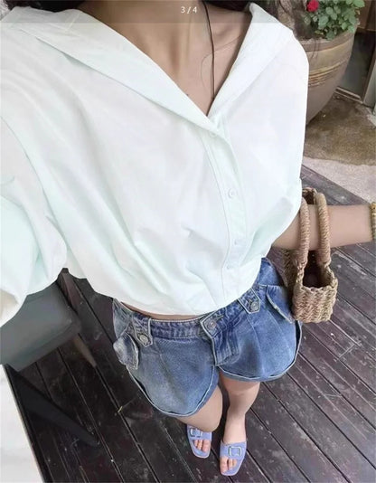 Blue White Lapel Bubble Sleeve Shirt Women's Casual Summer New Loose Fit Cropped Top Korean Version Elegant Female Clothing