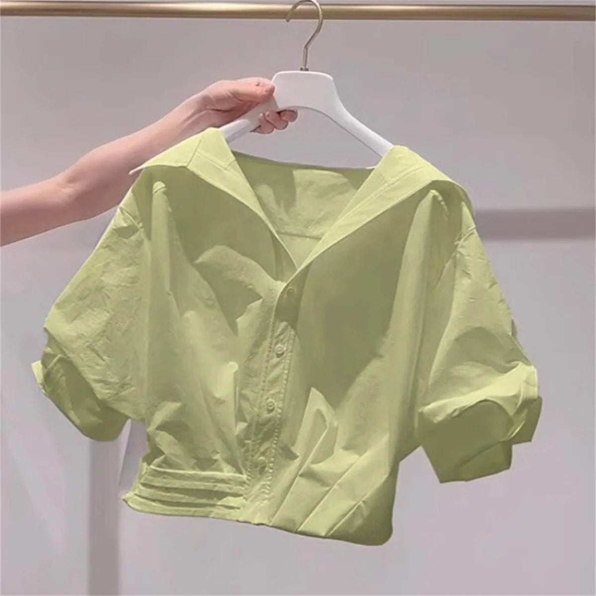 Blue White Lapel Bubble Sleeve Shirt Women's Casual Summer New Loose Fit Cropped Top Korean Version Elegant Female Clothing