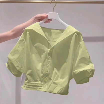 Blue White Lapel Bubble Sleeve Shirt Women's Casual Summer New Loose Fit Cropped Top Korean Version Elegant Female Clothing