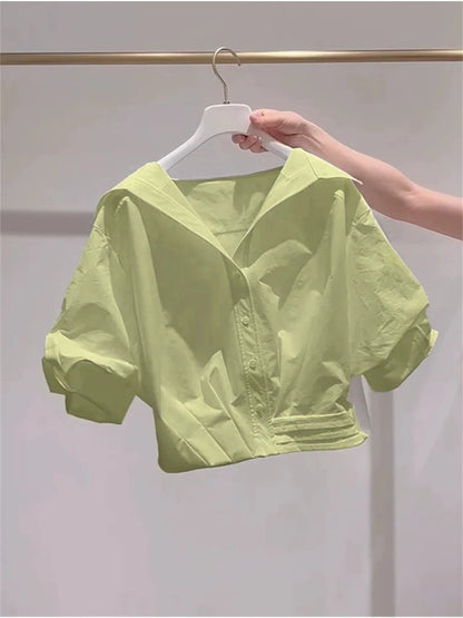 Blue White Lapel Bubble Sleeve Shirt Women's Casual Summer New Loose Fit Cropped Top Korean Version Elegant Female Clothing