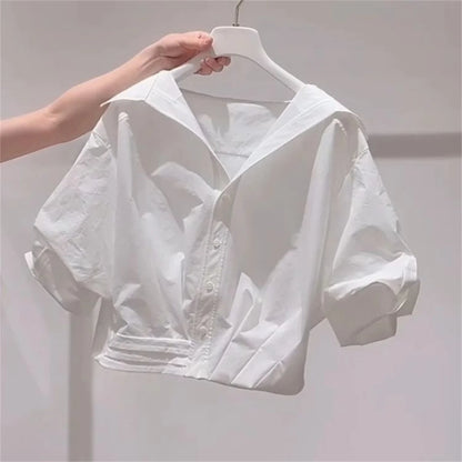 Blue White Lapel Bubble Sleeve Shirt Women's Casual Summer New Loose Fit Cropped Top Korean Version Elegant Female Clothing