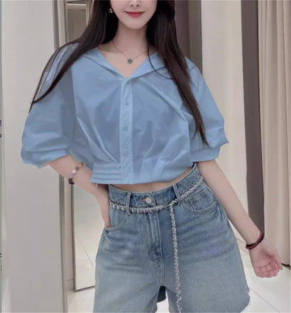 Blue White Lapel Bubble Sleeve Shirt Women's Casual Summer New Loose Fit Cropped Top Korean Version Elegant Female Clothing