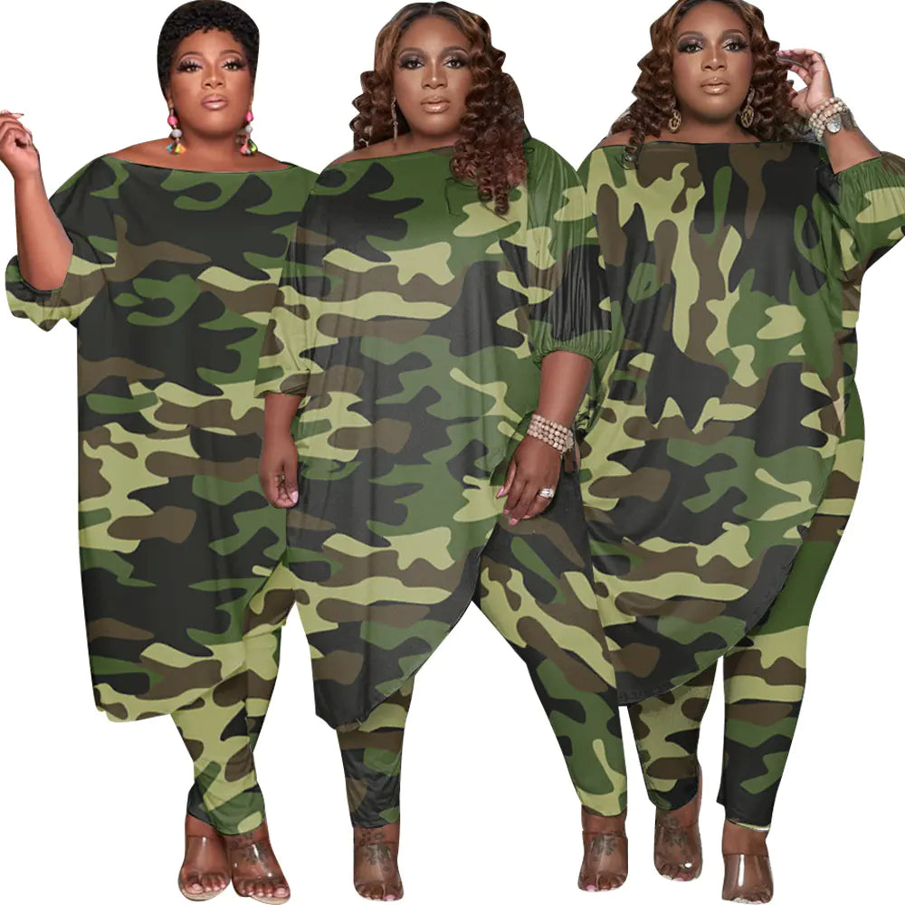 Trendy Plus Size Women's Camouflage Tracksuit Outfit