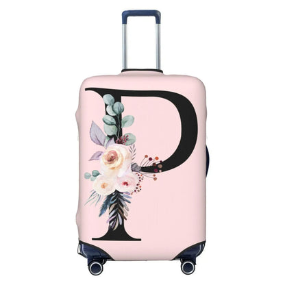Elastic Travel Luggage Cover Cute Pink Suitcase Protector BagBlack Letter P With Boho Floral Flowers Leaves Anti-ScratchDust-Proof Washable Baggage Covers For Kid AdultM (For 22-24 Inch Luggage)