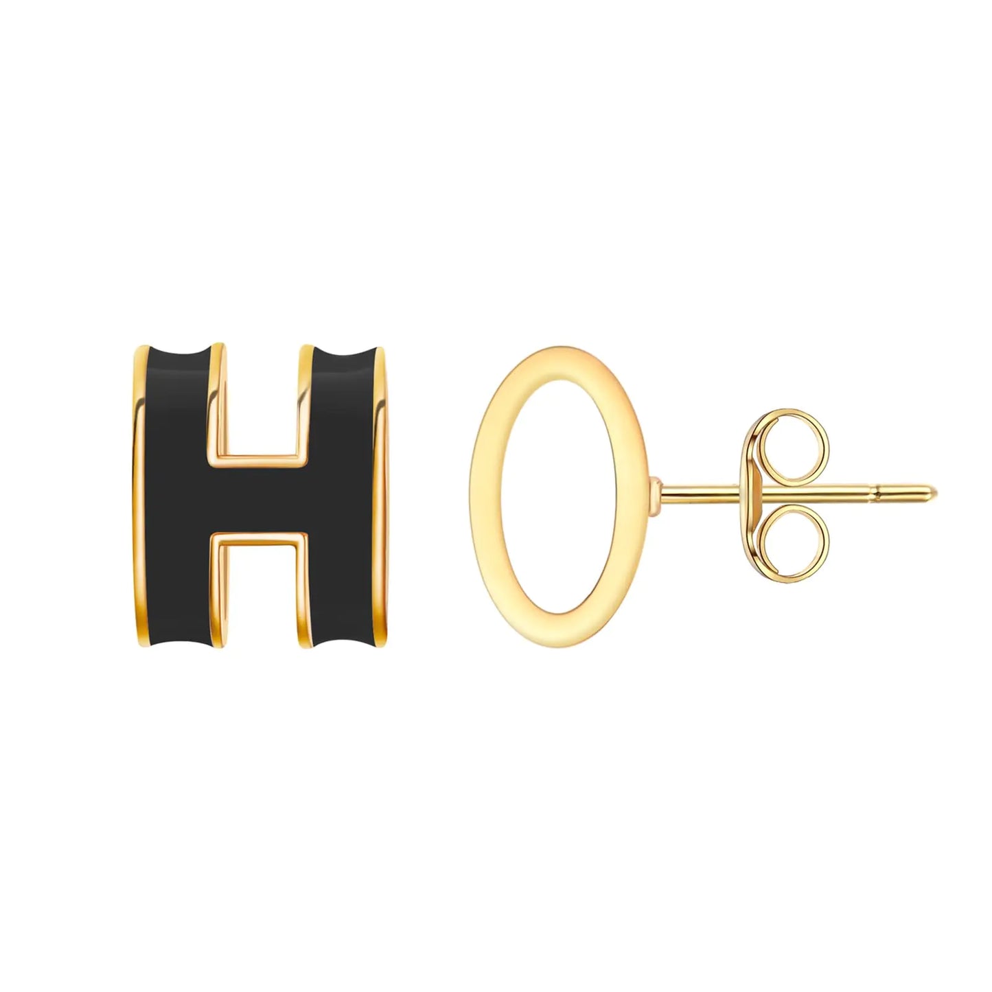 DAINTYLS Gold Stud Earrings for Women Classical H Enamel Color Earrings Stainless Steel Hypoallergenic Earrings for Women Trendy Elegant Jewelry for Women (Gold-Black)