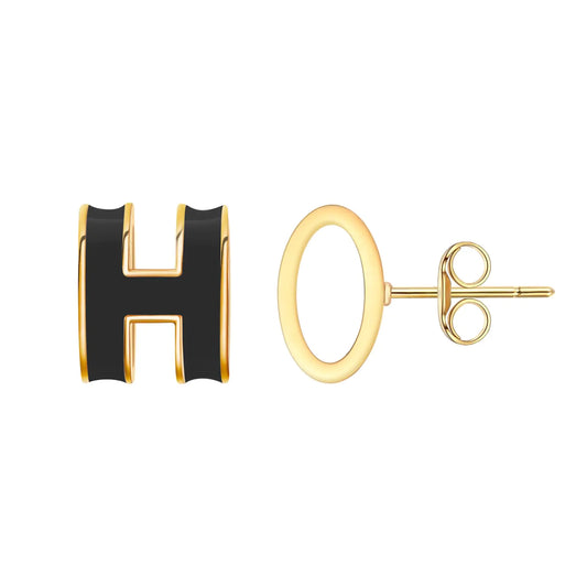 DAINTYLS Gold Stud Earrings for Women Classical H Enamel Color Earrings Stainless Steel Hypoallergenic Earrings for Women Trendy Elegant Jewelry for Women (Gold-Black)