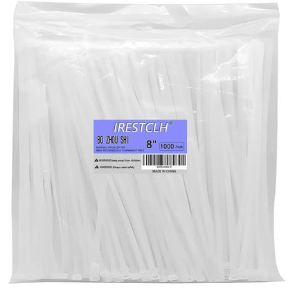 White Zip Ties 8 Inch (1000 pack) Heavy Duty Self Locking clear Zipties Bulk Tensile Strength 40 Pound Clear Industrial 8" Cable Ties Wraps for Home Office Garden Fence Garage indoor outdoor
