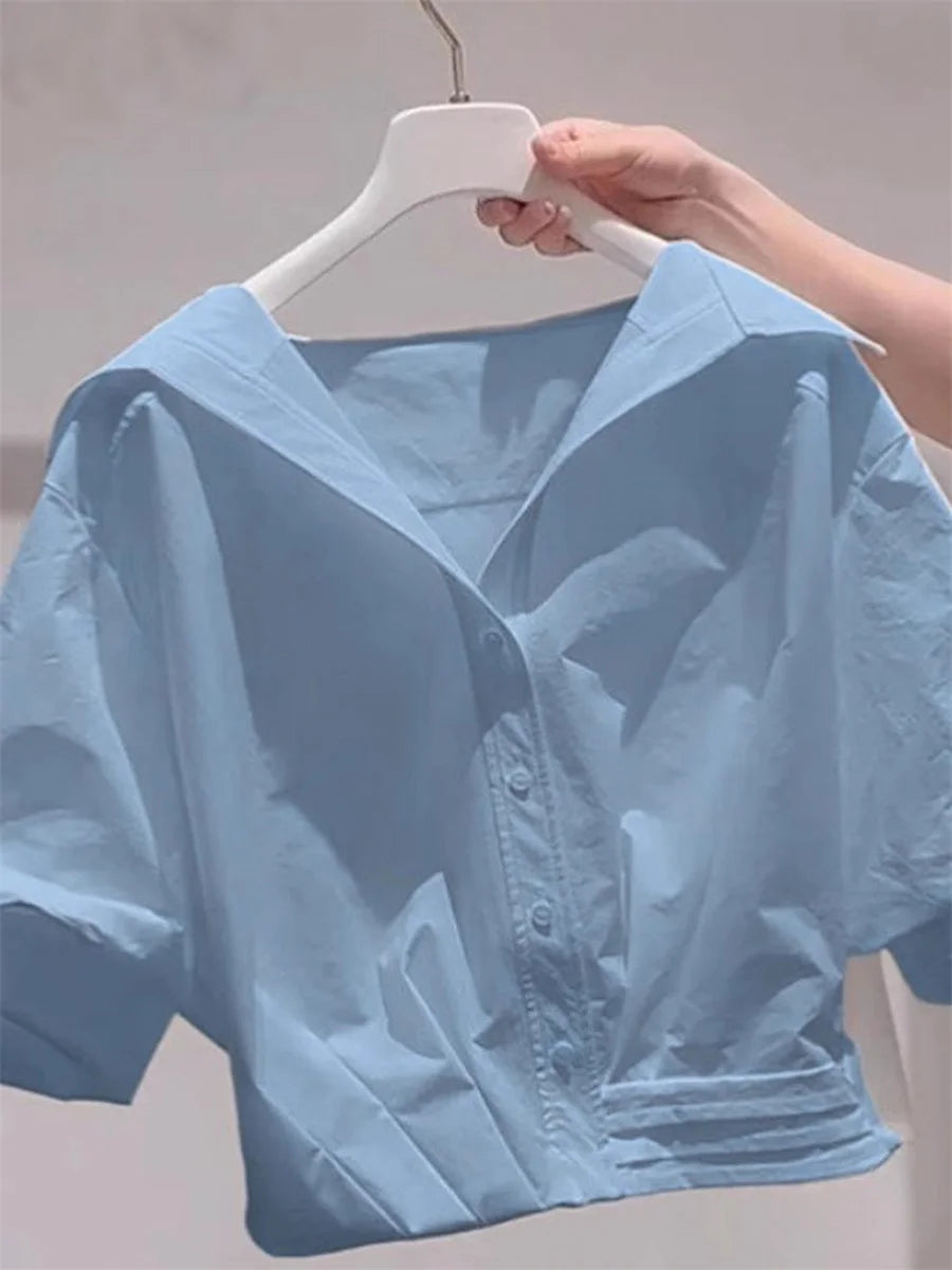 Blue White Lapel Bubble Sleeve Shirt Women's Casual Summer New Loose Fit Cropped Top Korean Version Elegant Female Clothing