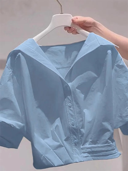 Blue White Lapel Bubble Sleeve Shirt Women's Casual Summer New Loose Fit Cropped Top Korean Version Elegant Female Clothing