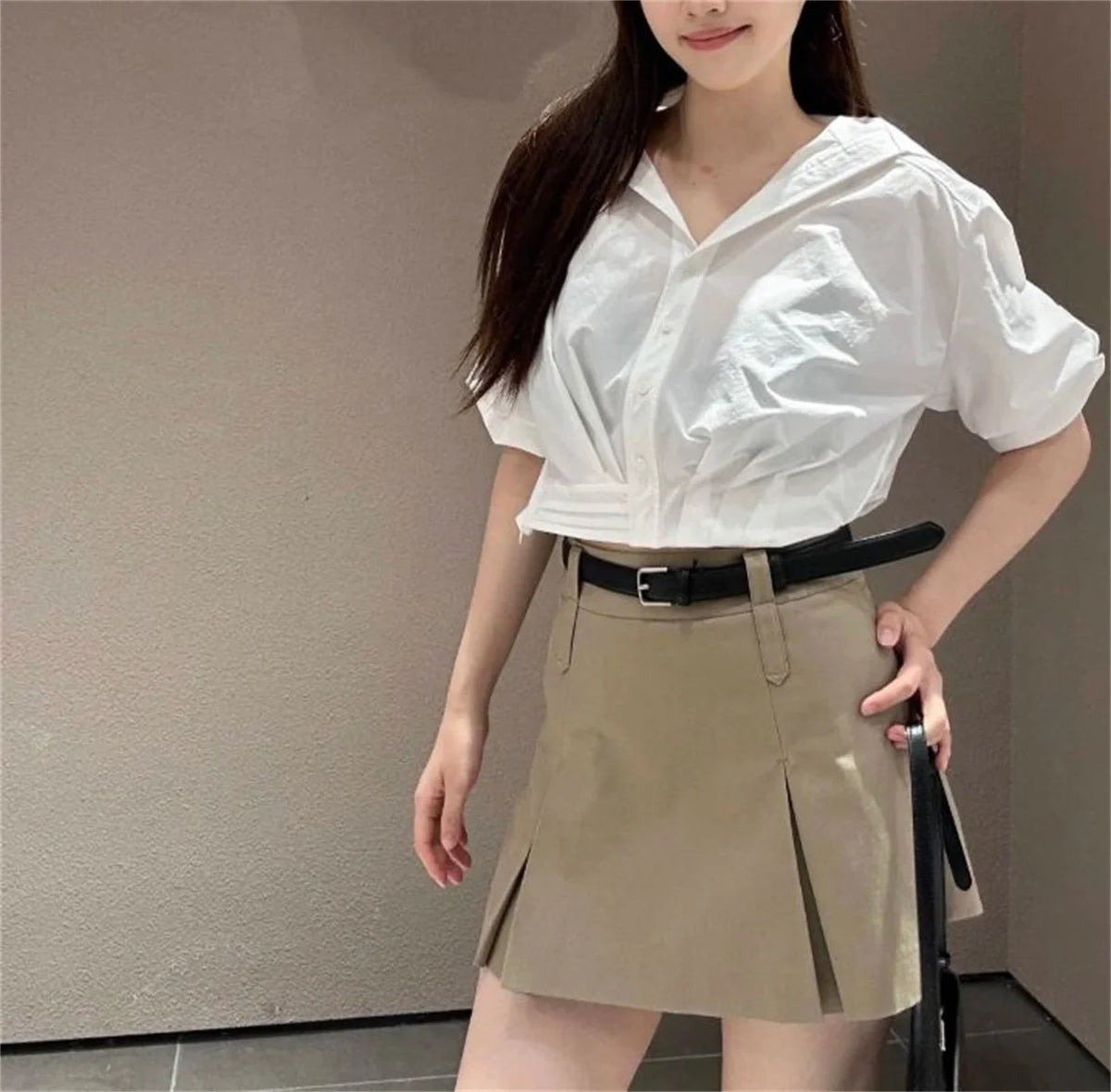 Blue White Lapel Bubble Sleeve Shirt Women's Casual Summer New Loose Fit Cropped Top Korean Version Elegant Female Clothing