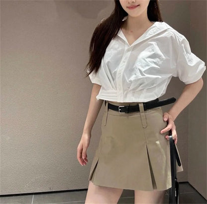 Blue White Lapel Bubble Sleeve Shirt Women's Casual Summer New Loose Fit Cropped Top Korean Version Elegant Female Clothing