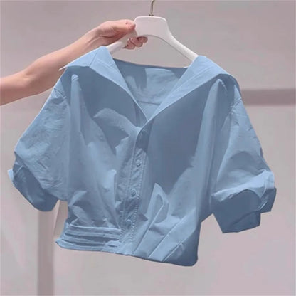 Blue White Lapel Bubble Sleeve Shirt Women's Casual Summer New Loose Fit Cropped Top Korean Version Elegant Female Clothing
