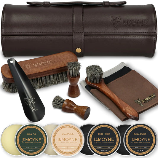 LEMOYNE Leather Shoe Shine Kit for Men - 13 PCS Shoe Polish Kit for Complete Leather Boot Care (Black & Neutral)