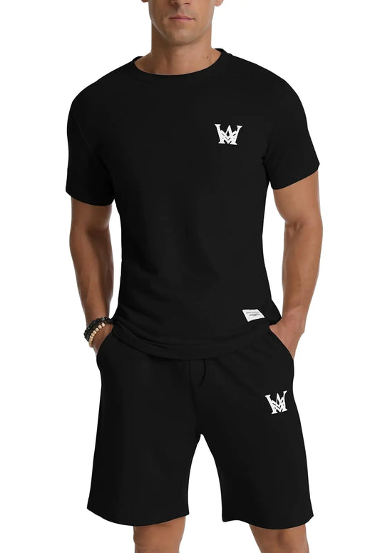 MLANM Mens Short Sets 2 Piece Outfits Casual Summer Tracksuits Fashion Short Sleeve T Shirt and Short Sets XL-Black