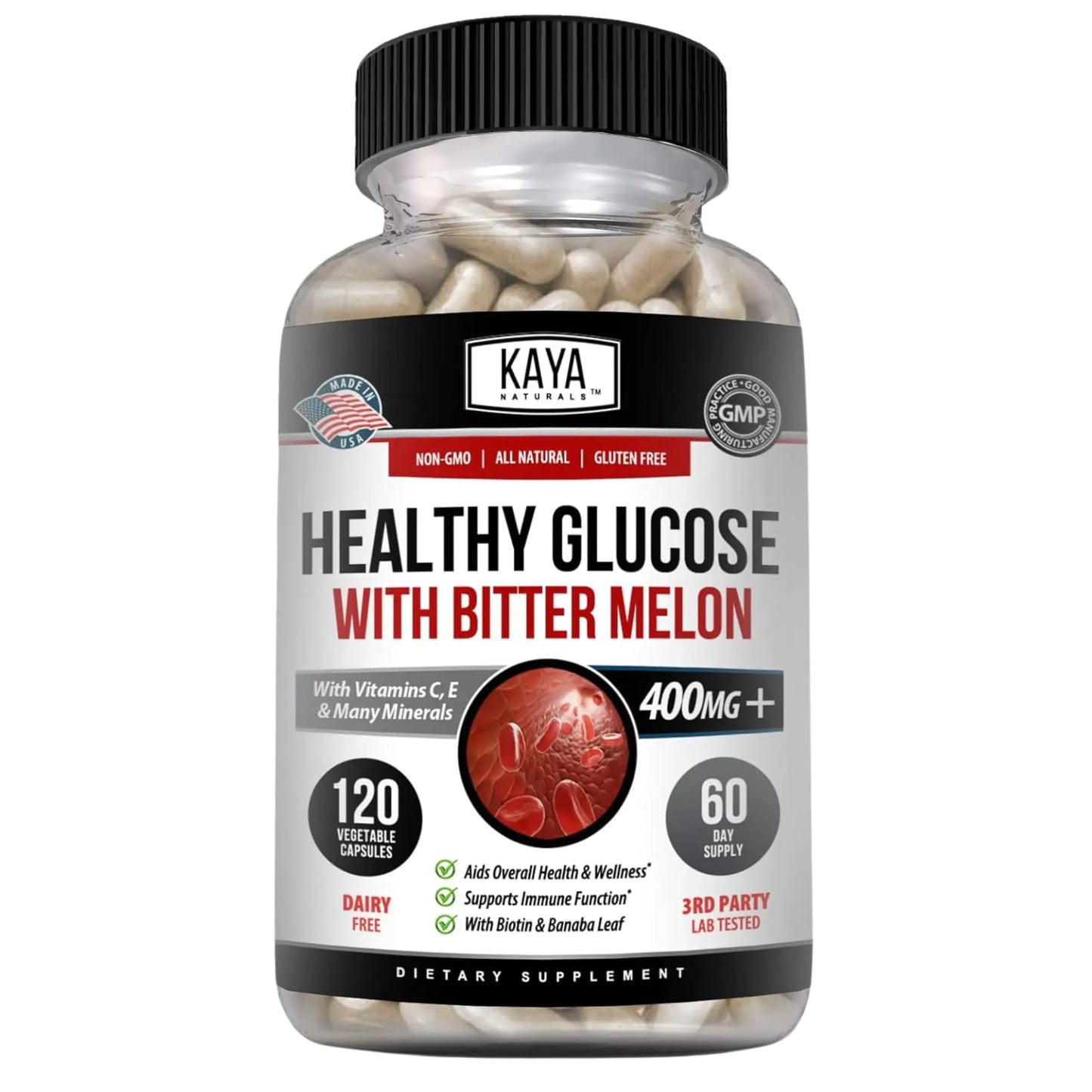 Kaya Naturals Healthy Gluco with Bittermelon Supplement | Support Healthy Levels and Function 20 Herbs Vitamins and Minerals Alpha Lipoic Acide Cinnamon Vitamin C & E Non-GMO (120 Count)