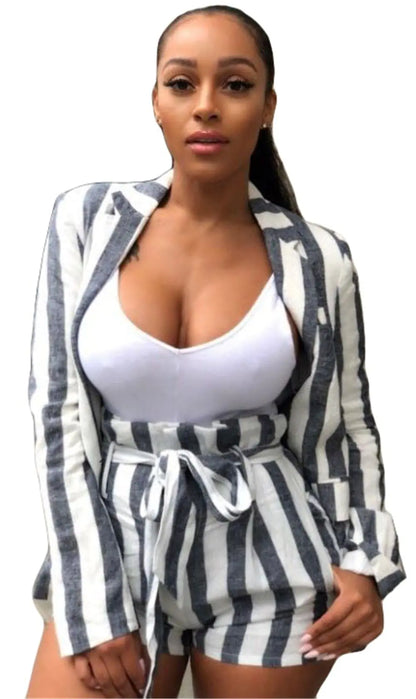 Recious Womens Sexy 2 Pieces Outfit Stripe Blazer Jacket Shorts Clubwear Cotton Linen Tracksuit Set