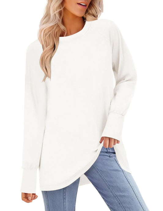 Teepie Women Long Sleeve Shirts 2024 Fall Casual Loose t-Shirts Crew Neck Round Hem Tunic Tops with Thumb Holes White L