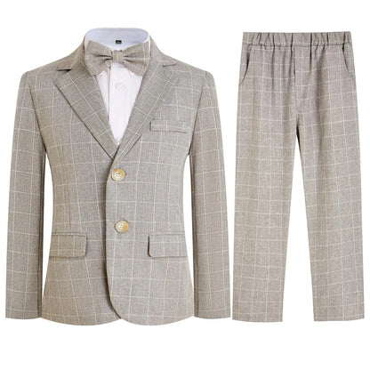 Boys Plaid Suit Set 3 Pieces Blazer Vest Pants Classic Formal Suit for Wedding Party Light Gray