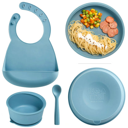 KUB Silicone Baby Feeding Set Self Feeding Baby Utensils with Suction Baby Bowl Plate Blue