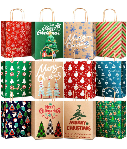 DeckTheHalls Christmas Bags Small Holiday Kraft Paper Bags 36 Pack & 12 Styles Bulk Gift Bags With Handles Retail Bags Party Bags Goody Bags for Xmas Party Favors