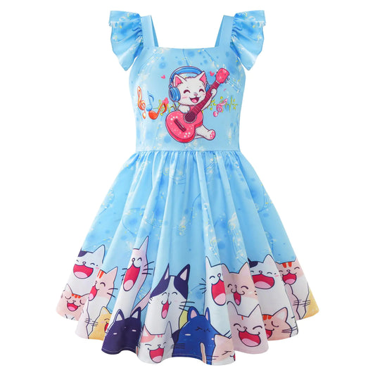 LQSZ Girls Dresses Musical Cat Ruffle Sleeve Fall Christmas Casual Tutu Kids Dress for Toddler Girl Size 6 7