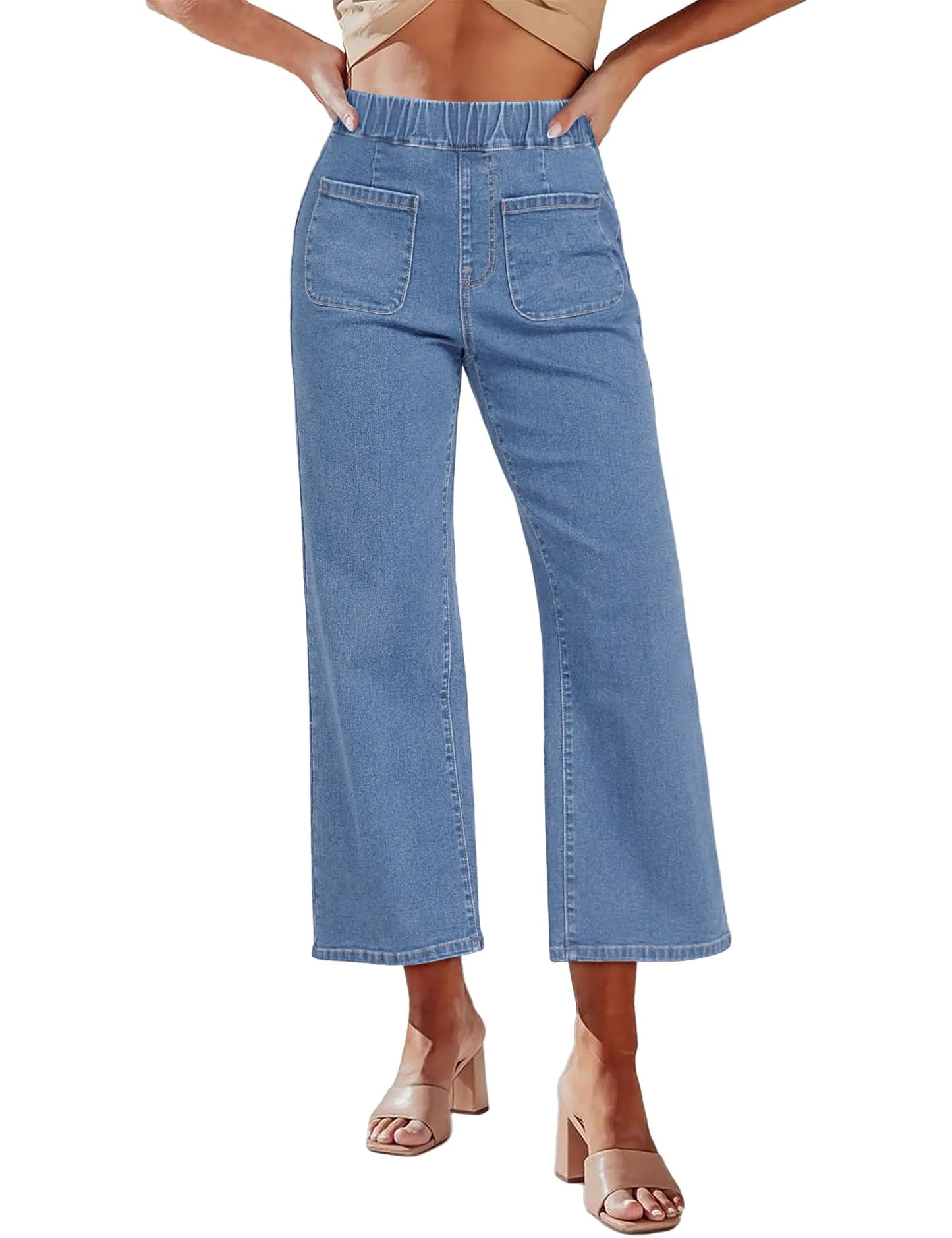 luvamia Wide Leg Jeans for Women Pull On High Waisted Cropped Jeans Denim Pants Stretchy Roadknight Blue Women Jeans Baggy Jeans for Women Denim Pants for Women Size Small Fits Size 4 Size 6