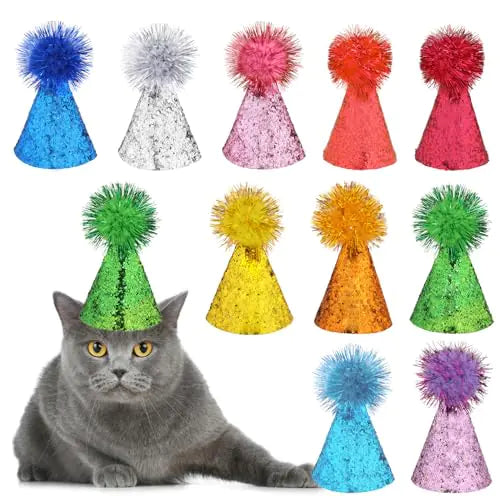 KALIONE 10 Packs Cat Birthday Hats Dog Party Hats Multi-Color Cat Hats Mini Party Hats Cute Puppy Hats with Pompons Adjustable Headbands Birthday Hats for Dogs Kittens Rabbits Animals Friends M