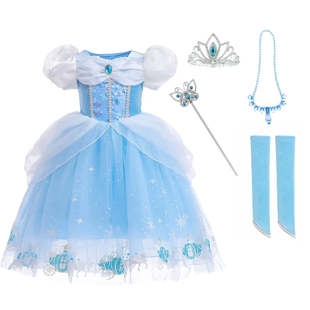DLLYING Cinderella Dresses for Girls Little Kids Toddler Princess Fancy Dress Up Clothes + Accessories Halloween Christmas Carnival Role Play Birthday Party Cosplay Costume Blue 5-6 Years