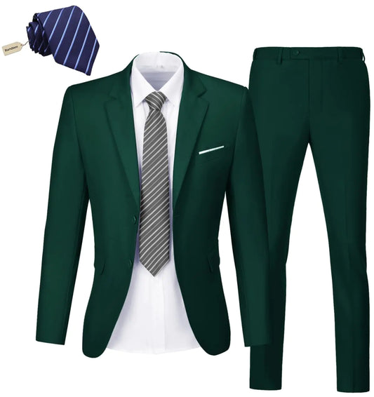 KLAYOVE Mens Slim Fit 2 Piece Suit Two Button Notch Lapel Solid Dress Suit Wedding Tuxedo for Prom (Suit Jacket + Pants + Tie) Dark Green L