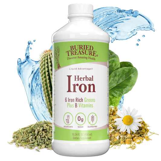 Buried Treasure Herbal Iron - 48 Servings Liquid Iron and Herbal Supplement Vitamin C & B Complex Vitamins Iron-rich Greens Vegan Iron for Men and Women
