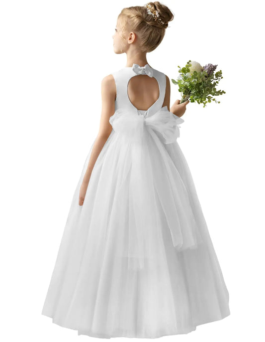 HEWEGO White Flower Girl Dresses for Girls Floor Length Puffy Tulle Pageant Princess for Christmas Holiday Party Gowns Size 6