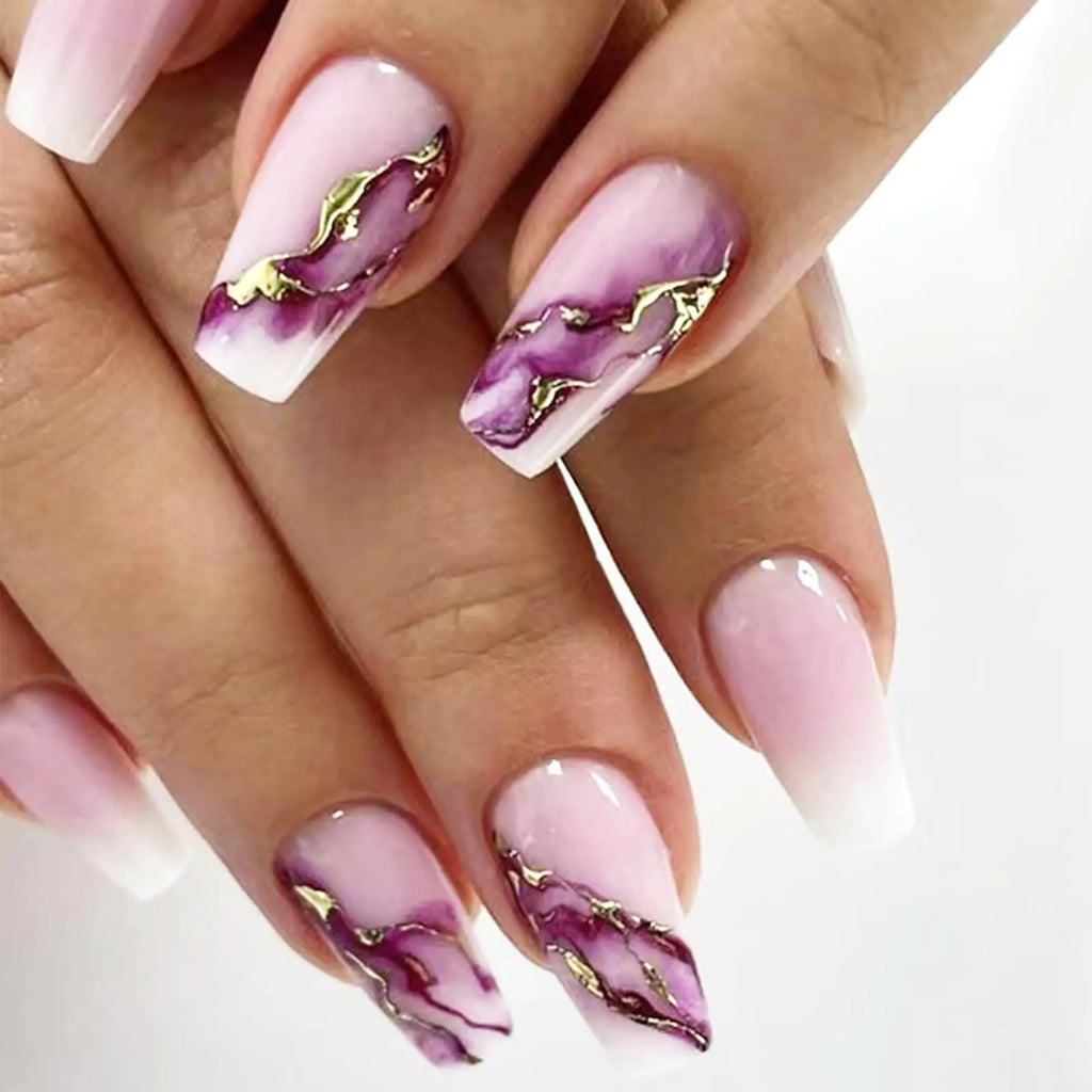 24Pcs Marble Press on Nails Glossy Gold Foil Curve Line False Nails Gel Glue on Nails Purple Medium Coffin Manicure Art Acrylic Fake Nails Stick on Nails with Gradient Smudge Design for Women Girls