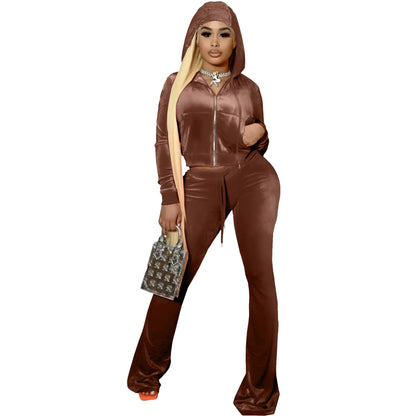 F172 Women's Velvet Hooded Tracksuit Set for Fall/Winter