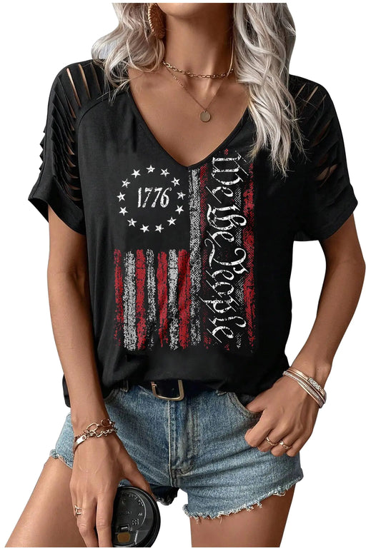 CHUNTIANRAN American Flag Shirts Cut Out T Shirts Women 4th of July Lacerated Sleeve Blouse USA American Patriotic Graphic Tees Tops(SmallBlack-1 Cut)