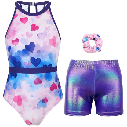 MODAFANS Gymnastics Leotards for Girls With Shorts Tumbling Dance Clasp Back Activewear Heart Bubble8-9Years