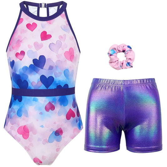 MODAFANS Gymnastics Leotards for Girls With Shorts Tumbling Dance Clasp Back Activewear Heart Bubble8-9Years