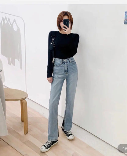 Ladies High Rise Straight Leg Jeans with Side Slit