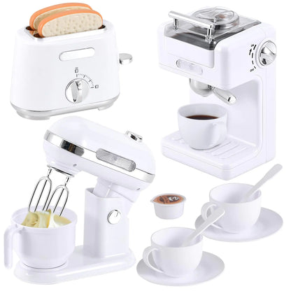 Pretend Play Kitchen Appliances Toy Set Play Kitchen Accessories for Kids 3-8 with Coffee Maker Toaster Mixer with Light and Sound Birthday Gift for Kids Ages 3 4 5 6 7 8，White