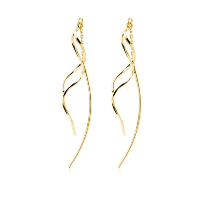 SLUYNZ Sterling Silver Curve Dangle Earrings for Women Teens Wave Dangle Earrings Threader Tassel (B-Gold)