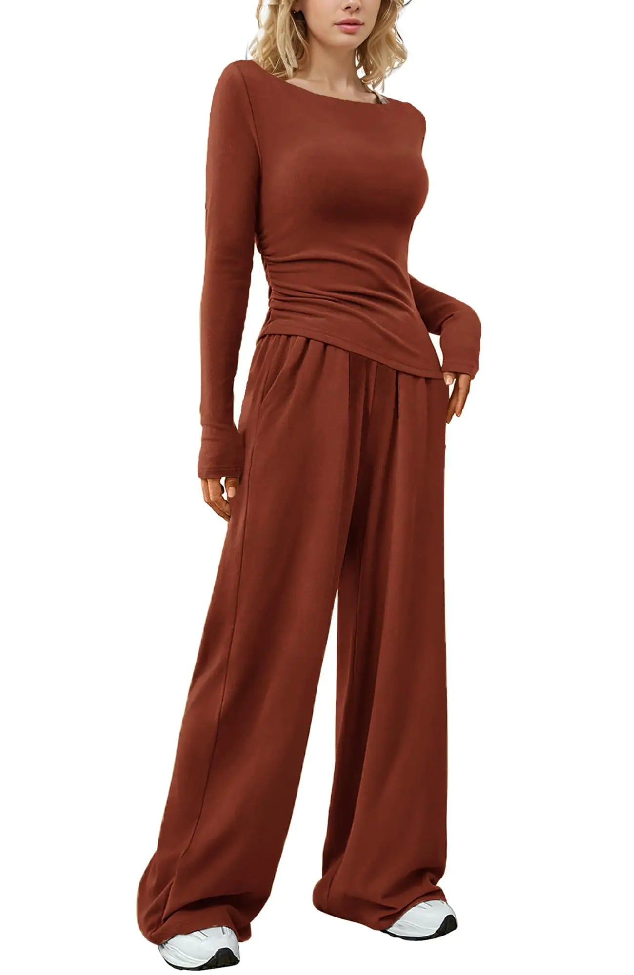 Vyolu Womens 2 Piece Lounge Sets Asymmetrical Long Sleeve Wide Leg Pants Casual Outfits Tracksuit Streetwear