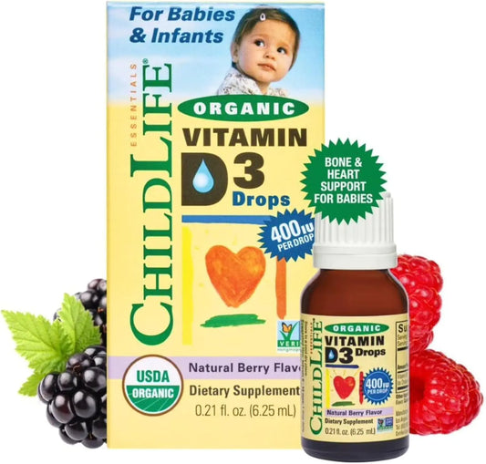 CHILDLIFE Essentials Organic Vitamin D3 Drops - Vitamin D Drops for Infants Baby Vitamin D Drops Kids Liquid Vitamin D for Newborns 400 IU Per Drop - Natural Berry 0.21 Fl Oz (1 Pack)