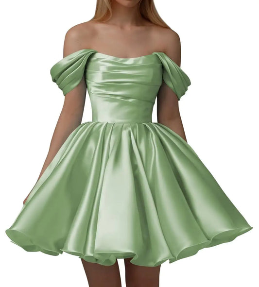 Women’s Off Shoulder Satin Homecoming Dresses A Line Short Pleated Strapless Prom Dresses for Wedding Sage Size02