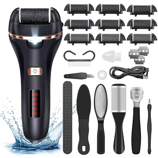 Electric Callus Remover for FeetRechargeable Foot File Hard Skin RemoverWaterproof 14 in1 Professional Pedicure Kit for Cracked Heels &Dead Skinwith 9 Roller Heads 2 Speed Battery Display
