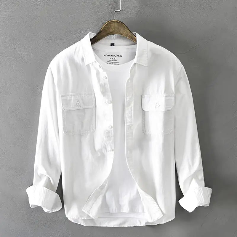 Trendy Loose White Long-Sleeved Cotton Shirt for Men