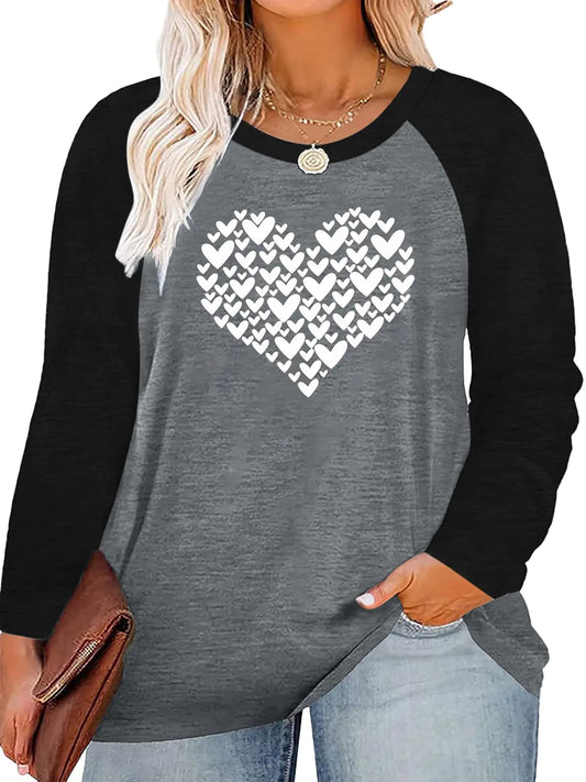 Plus Size Valentines Day Shirt for Women Love Heart Print Graphic Tee Tops Long Sleeve Tops Clothing for Her